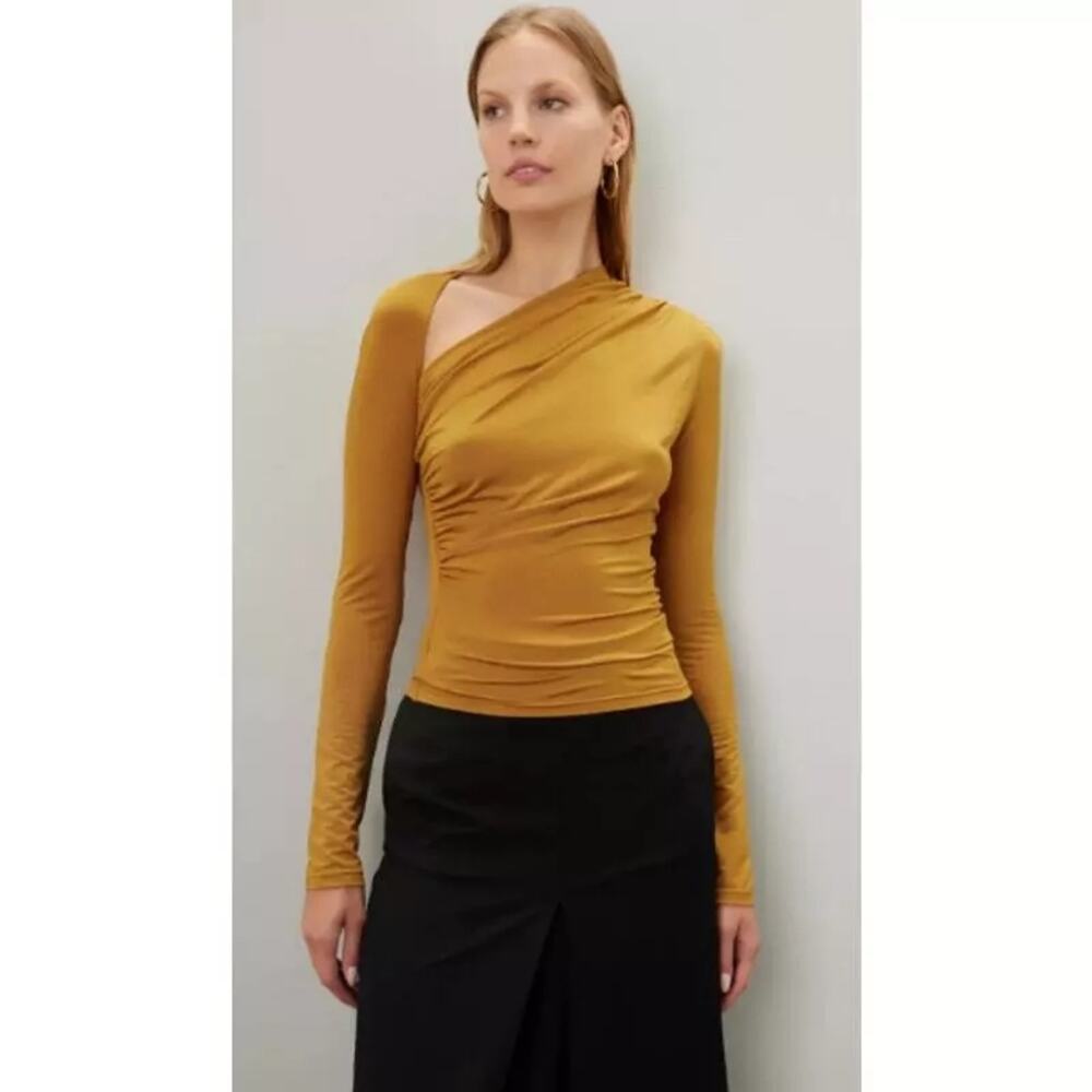 Rtr Lapointe Sz10 Asymmetrical Ruched Top Brown Jersey Long Sleeves Stretch gold